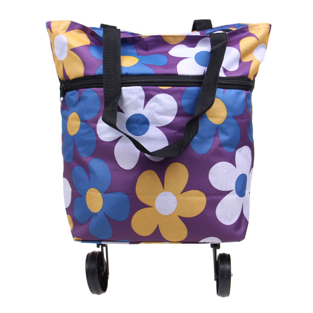Nákupní taška s kolečky fialová s květy - náhled 2