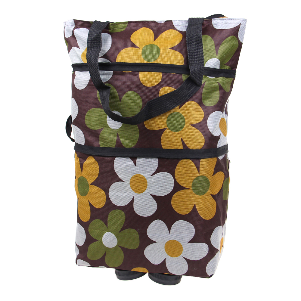 Nákupní taška s kolečky hnědá s květy - náhled 1
