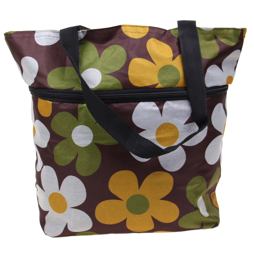 Nákupní taška s kolečky hnědá s květy - náhled 3